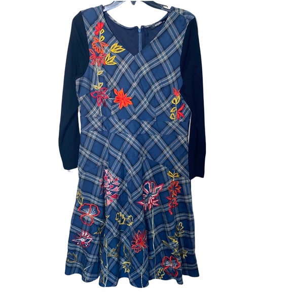 eShakti Plaid V-Neck Dress With Embroidery Detail and Long Sleeves Size Large 14 - Picture 2 of 10